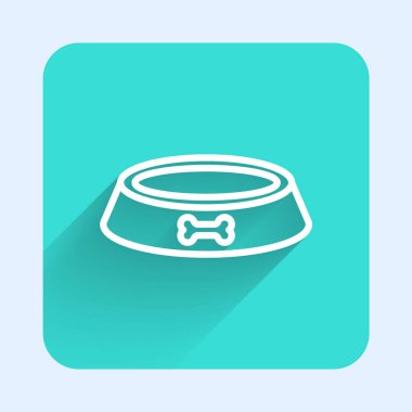 Kedi ya da köpek ikonu için uzun gölgeli beyaz çizgi evcil hayvan kasesi. Köpek kemiği işareti. Yeşil kare düğmesi. Vektör.