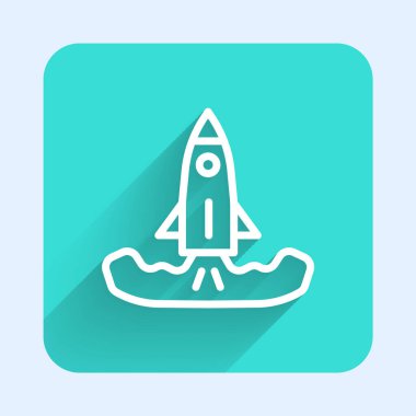 Beyaz çizgi Roket ikonu uzun gölgeli izole edilmiş. Yeşil kare düğmesi. Vektör.