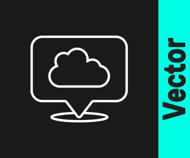 Beyaz çizgi konum bulut simgesi siyah arkaplanda izole edildi. Vektör.