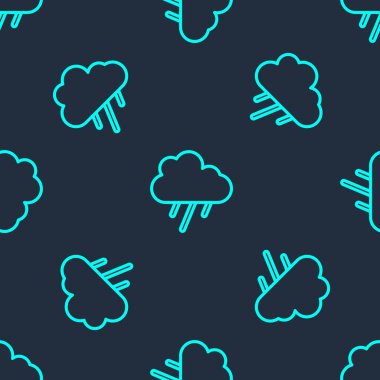 Yağmur ikonlu yeşil çizgi bulutu mavi arka planda izole edilmiş pürüzsüz desen. Yağmur damlaları ile yağmur bulutu yağışı. Vektör.