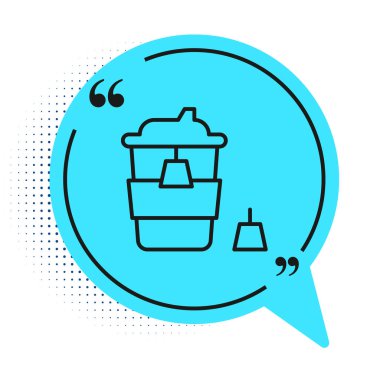 Siyah çizgi kahve fincanı beyaz arka planda izole edilmiş bir ikon haline gelecek. Mavi konuşma balonu sembolü. Vektör.