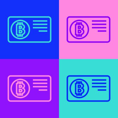 Renkli arka planda bitcoin simgesi olan pop sanat hattı kredi kartı. Çevrimiçi ödeme. Nakit çekilmesi. Modern ödeme yöntemi. Vektör.