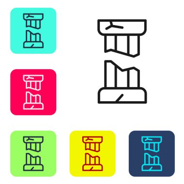 Kırık siyah çizgi beyaz arkaplanda izole edilmiş antik sütun simgesi. Renkli kare düğmelerle simgeleri ayarla. Vektör.