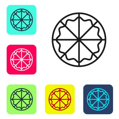 Siyah çizgi pizza simgesi beyaz arka planda izole edildi. Fast food menüsü. Renkli kare düğmelerle simgeleri ayarla. Vektör.