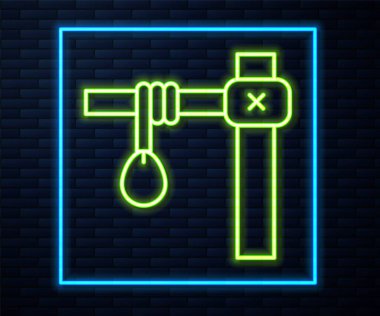 Parlayan neon hattı darağacı halat ilmiği asılı ikon tuğla duvar arka planında izole. İpe bağlanmış halat. İntihar, asılma ya da linç. Vektör.
