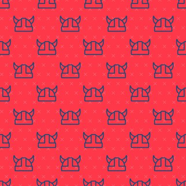 Mavi çizgili Viking boynuzlu miğfer ikonu kırmızı arka planda izole edilmiş kusursuz desen. Vektör.