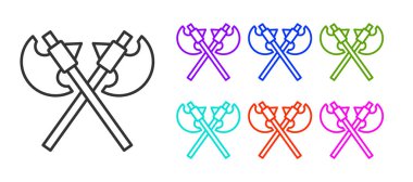 Siyah çizgi, beyaz arka planda izole edilmiş ortaçağ balta simgesini geçti. Savaş baltası, cellat baltası. Ortaçağ silahı. Simgeleri renklendirin. Vektör.