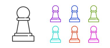 Siyah çizgi satranç simgesi beyaz arkaplanda izole edildi. İş stratejisi. Oyun, yönetim, finans. Simgeleri renklendirin. Vektör.