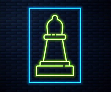 Parlayan neon hattı satranç ikonu tuğla duvar arka planında izole edildi. İş stratejisi. Oyun, yönetim, finans. Vektör.