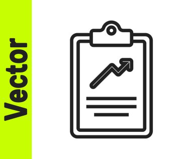 Grafik çizelgesi simgesi olan siyah çizgi panosu beyaz arkaplanda izole edildi. Metin dosya simgesini rapor et. Muhasebe tabelası. Denetim, analiz, planlama. Vektör.