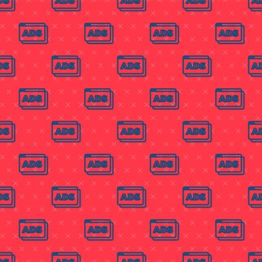 Kırmızı arkaplanda mavi çizgi reklam simgesi izole edildi. Pazarlama ve tanıtım süreci kavramı. İlgili reklamlar. Sosyal medya reklamcılığı. Vektör.