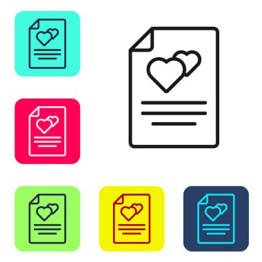 Siyah çizgi tebrik kartı simgesi beyaz arkaplanda izole edildi. Kutlama için davetiye ya da tebrik kartı şablonu. Renkli kare düğmelerle simgeleri ayarla. Vektör.