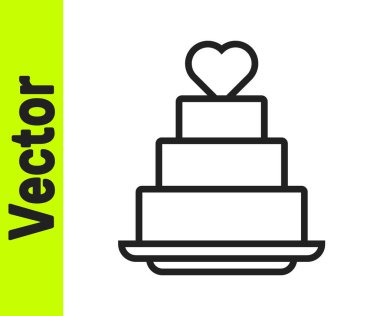 Beyaz arka planda kalp ikonu olan siyah çizgi düğün pastası. Vektör.