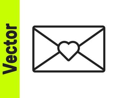 Beyaz arka planda Sevgililer Günü kalp ikonu olan siyah çizgi zarfı. Mesaj aşkım. Aşk ve romantizm mektubu. Vektör.