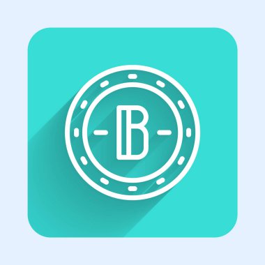 Beyaz çizgi kripto para birimi Bitcoin simgesi uzun gölgeli izole edilmiş. Madeni para. Engelleme zinciri tabanlı şifreli para birimi. Yeşil kare düğmesi. Vektör.