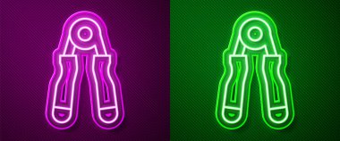 Parlayan neon çizgisi spor genişletici simgesi mor ve yeşil arkaplanda izole edildi. Spor malzemeleri. Vektör.
