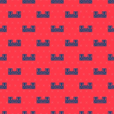 Mavi çizgi ev teybi, iki hoparlör simgesi, kırmızı arkaplanda izole edilmiş kusursuz desen. Müzik sistemi. Vektör.