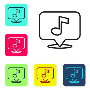 Beyaz arkaplanda izole edilmiş konuşma balonu simgesindeki siyah çizgi müzik notası. Müzik ve ses konsepti. Renkli kare düğmelerle simgeleri ayarla. Vektör.