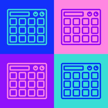 Pop Art Line Drum Machum müzik yapımcısı ikonu renk arkaplanında izole edildi. Vektör.