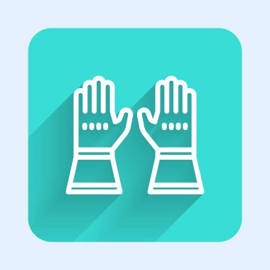 Beyaz çizgili itfaiye eldiveni ikonu uzun gölgeli. Eldiven ikonunu koru. Yeşil kare düğmesi. Vektör.