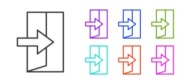 Beyaz arkaplanda siyah çizgi yangın çıkış simgesi izole edildi. Acil durum ikonunu ateşle. Simgeleri renklendirin. Vektör.