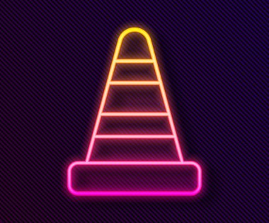 Parlayan neon hattı trafik konisi simgesi siyah arkaplanda izole edildi. Vektör.