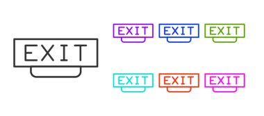 Beyaz arkaplanda siyah çizgi yangın çıkış simgesi izole edildi. Acil durum ikonunu ateşle. Simgeleri renklendirin. Vektör.