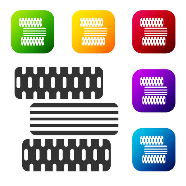 Black Car tire wheel icon isolated on white background. Set icons in color square buttons. Vector Illustration.