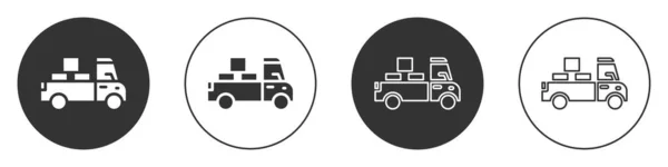 Black Delivery Truck Kartónovými Krabicemi Ikonou Izolované Bílém Pozadí Kruhové — Stockový vektor