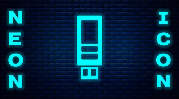 Glowing Neon Usb Flash Drive Icon Isolated Brick Wall Background — Stock Vector