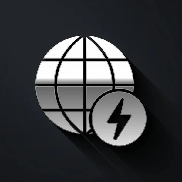 Silver Global energy power planet with flash thunderbolt icon isolated on black background. Ecology concept and environmental. Long shadow style. Vector.