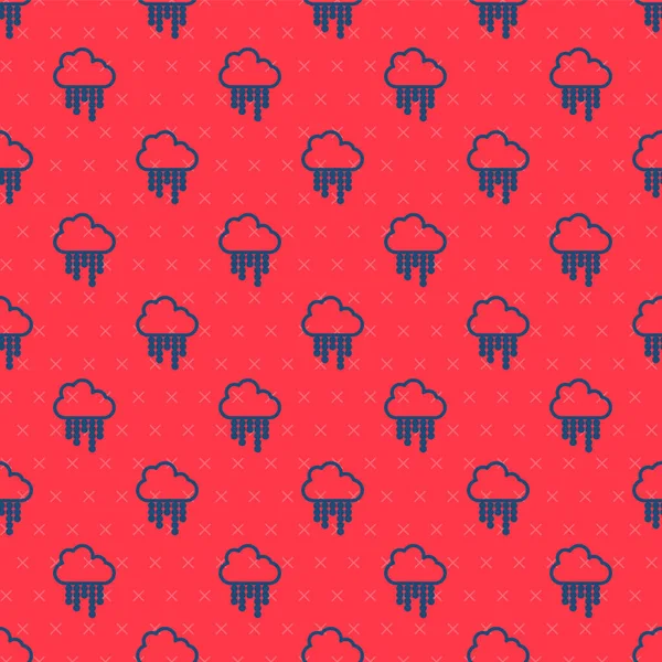 Blue Line Cloud Rain Icon Isolated Seamless Pattern Red Background — Stock Vector