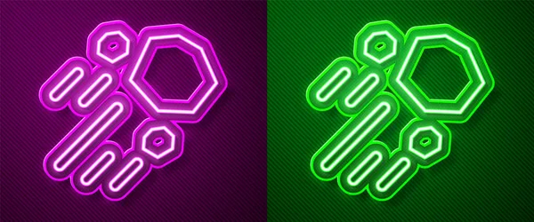 Žhnoucí Neonová Čára Ikona Létajícího Kamene Izolovaná Purpurovém Zeleném Pozadí — Stockový vektor
