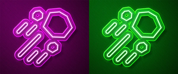 Parlayan neon hattı Uçan Taş simgesi mor ve yeşil arkaplanda izole edildi. Vektör.