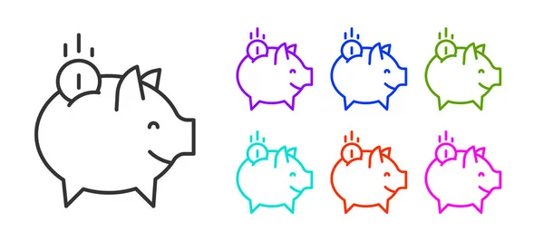 黑线Piggy银行与硬币图标隔离在白色背景 包括储蓄或积累资金 设置彩色图标 — 图库矢量图片