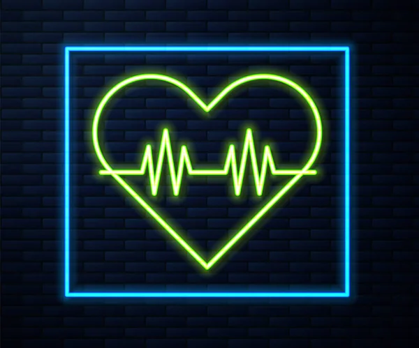 Glowing Neon Line Heart Rate Icon Isolated Brick Wall Background — Stock Vector