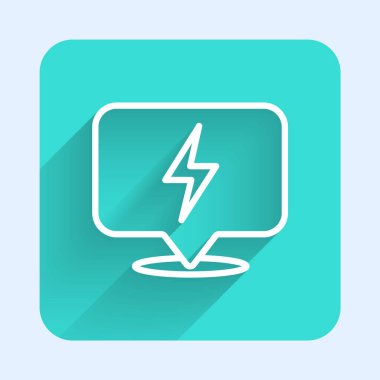 Beyaz çizgi Şimşek simgesi uzun gölgeli izole edilmiş. Flaş ikonu. Flaş ikonunu yükle. Gök gürültüsü. Yıldırım çarpması. Yeşil kare düğmesi. Vektör.