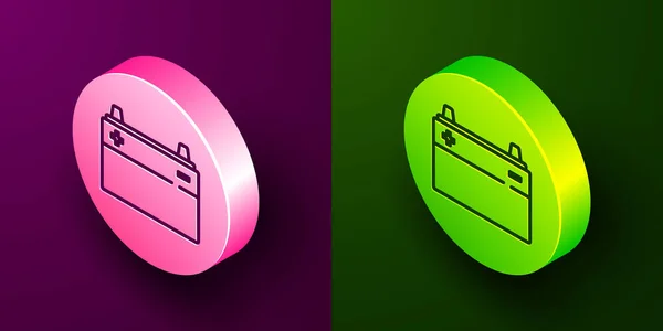 Isometric Line Car Battery Icon Isolated Purple Green Background Accumulator — Stock Vector