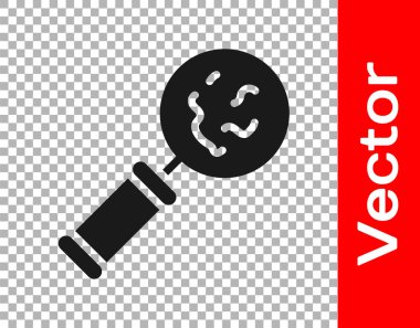 Siyah mikroorganizmalar şeffaf arkaplanda izole edilmiş büyüteç simgesi altında. Bakteri ve mikroplar, hücre kanseri, mikrop, virüs, mantar. Vektör.
