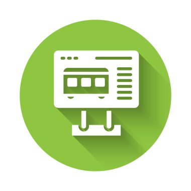 Beyaz Bilet Ofisi, uzun gölgeli tren ya da uçak ikonu için bilet alacak. Bilet alıyorum. Bilet servisi. Yeşil daire düğmesi. Vektör.