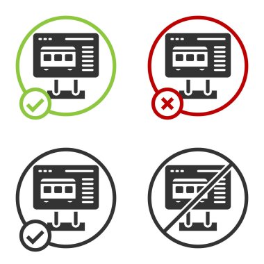 Siyah Bilet Ofisi beyaz arka planda izole edilmiş tren ya da uçak ikonu için bilet alacak. Bilet alıyorum. Bilet servisi. Çember düğmesi. Vektör.