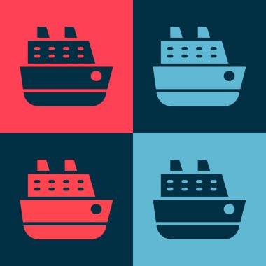 Pop Art Cruise gemi simgesi renk arkaplanında izole edildi. Seyahat turizmi deniz taşımacılığı. Yolcu gemisi, yolcu gemisi. Dünya çapında bir gezi. Vektör.