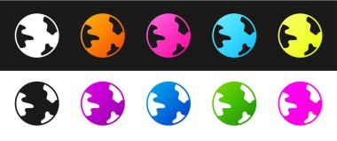 Siyah ve beyaz arkaplanda dünya çapında bir simge belirle. Yerküreye iğnele. Vektör.