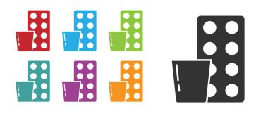 Siyah haplar beyaz arka planda izole edilmiş. İlaç paketi. Tablet, vitamin, antibiyotik, aspirin. Simgeleri renklendirin. Vektör.