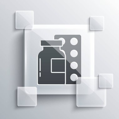 Gri arka planda gri renkli gri haplar var. İlaç paketi. Tablet, vitamin, antibiyotik, aspirin. Kare cam paneller. Vektör.