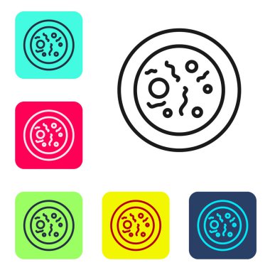 Beyaz zemin üzerinde izole edilmiş bakteri simgesi olan siyah çizgi Petri kabı. Renkli kare düğmelerle simgeleri ayarla. Vektör.