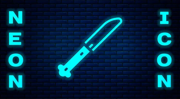 Glödande Neon Kniv Ikon Isolerad Tegel Vägg Bakgrund Bestick Symbol — Stock vektor