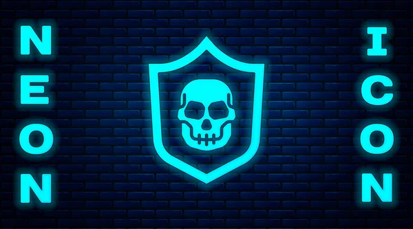 Glowing Neon Shield Pirate Skull Icon Isolated Brick Wall Background — Stock Vector