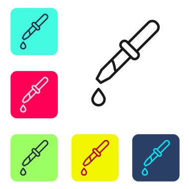 Siyah çizgi Pipette simgesi beyaz arkaplanda izole edildi. Tıbbi elementler, kimya laboratuarı ekipmanları. Damlalı boru. Tıp sembolü. Renkli kare düğmelerle simgeleri ayarla. Vektör.