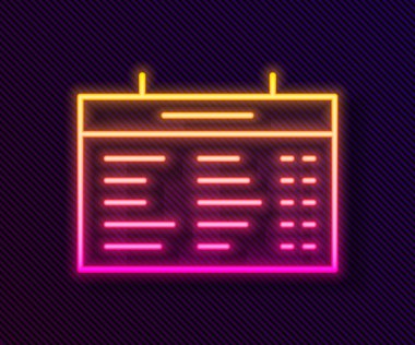 Parlayan neon hattı tren istasyonu simgesi siyah arkaplanda izole edildi. Mekanik skor tabelası. Trendeki billboarddaki uçuş bilgileri. Vektör.